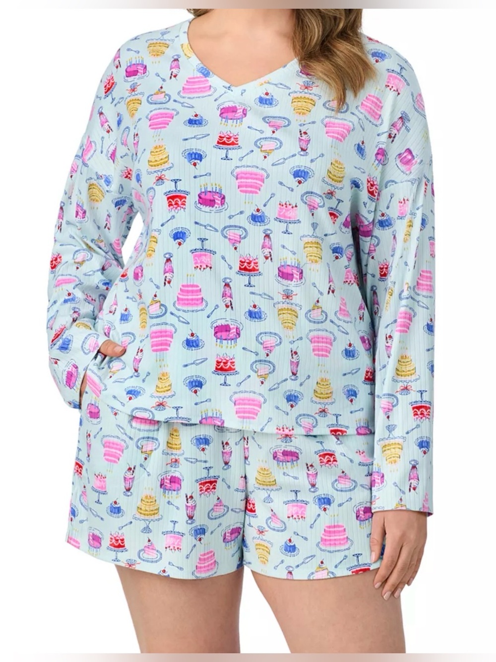 Cuddl Duds V-Neck Long Sleeve Pajama Top & Pajama Boxer Shorts Set Aqua Desserts